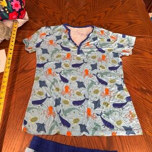 Women’s Light Blue Marine-Print Short Sleeve Sleep Top